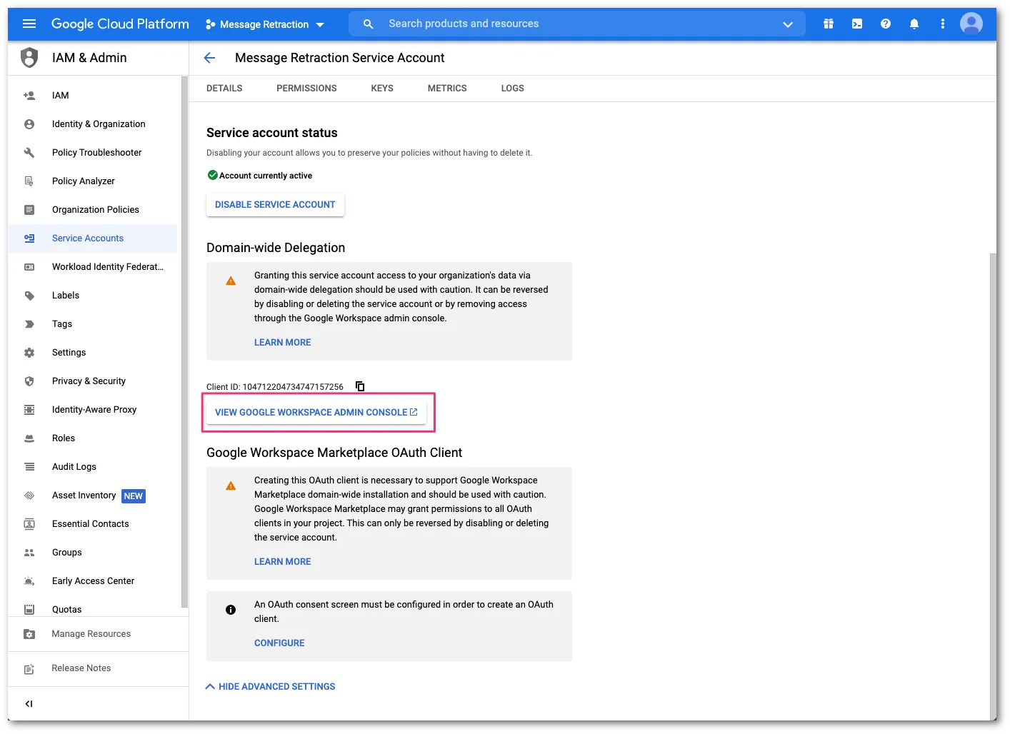 Select View Google Workspace Admin Console to configure the domain-wide delegation